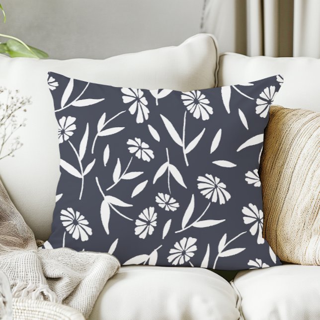 Rustic Hand Drawn Flowers Navy Blue Throw Pillow (navy blue pillow with cottagecore hand drawn floral pattern)