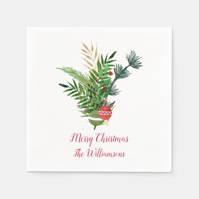 Rustic Hand Drawn Foliage Bouquet  Merry Christmas Napkins (Front)