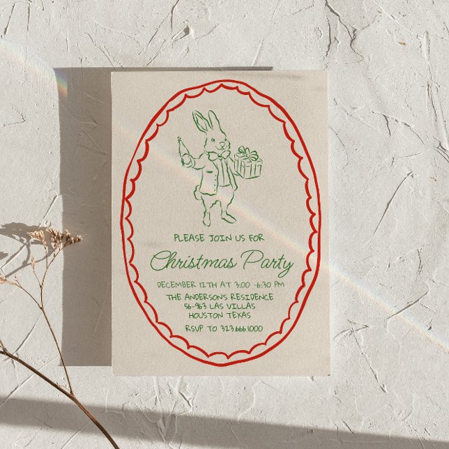 Rustic Hand Drawn Green Red Christmas Rabbit Party Invitation (Creator Uploaded)