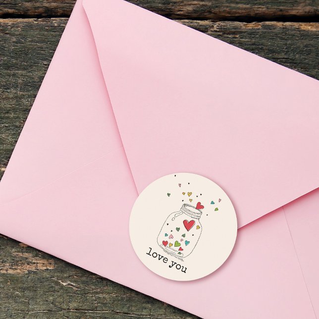 Rustic Hand Drawn Heart in Jar Love You Classic Round Sticker (Rustic Hand Drawn Heart in Jar Love You Classic Round Sticker)