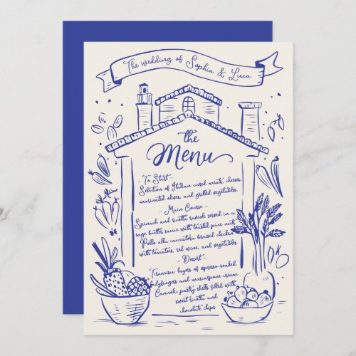 Rustic Hand Drawn Italian Wedding Menu Blue Cream