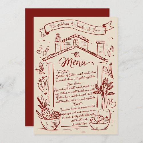 Rustic Hand Drawn Italian Wedding Menu Red Cream