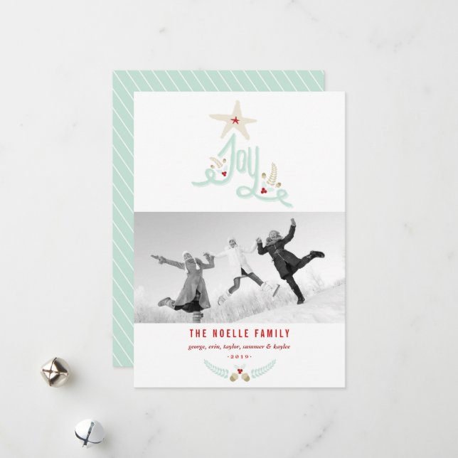 Rustic Hand Drawn Joy Calligraphy Foliage Photo Holiday Card (Front/Back In Situ)