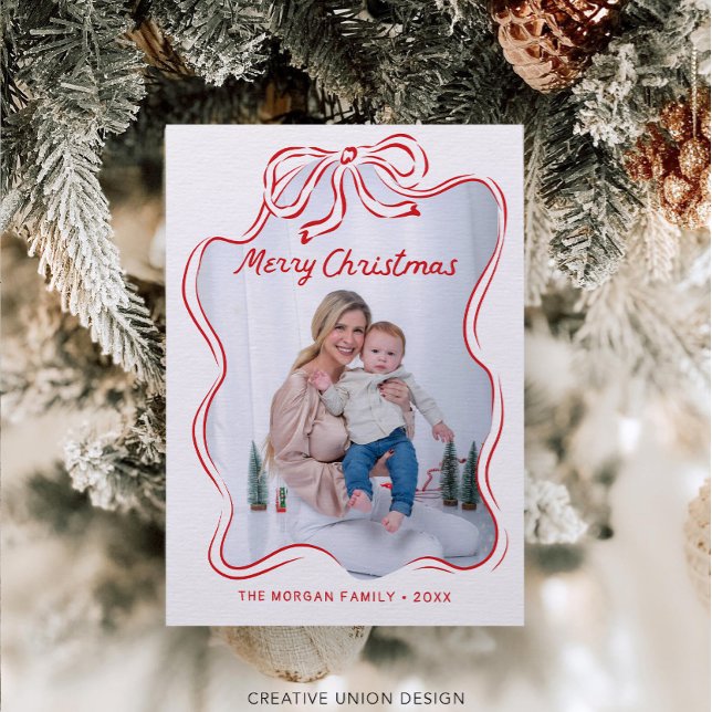 Rustic Hand Drawn Red Bow Photo Christmas Card (Creator Uploaded)