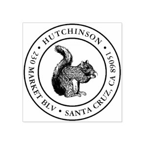 Rustic Hand-drawn Squirrel Round Return Address Rubber Stamp