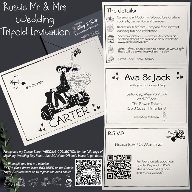 Rustic Hand drawn Tri-fold Wedding invitation (All text and Elements are editable. Extra Detail icons included. )