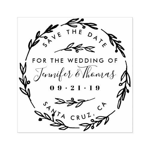 Rustic Hand Drawn Wreath Save The Date Rubber Stamp