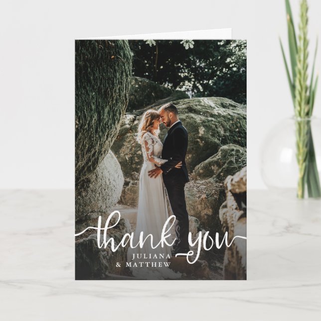 Rustic Hand Lettered Script Wedding Photo Letterpress Thank You Card (Front)