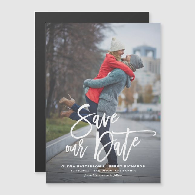 Rustic Hand Lettering Photo Save Our Date Magnetic Invitation (Front/Back)