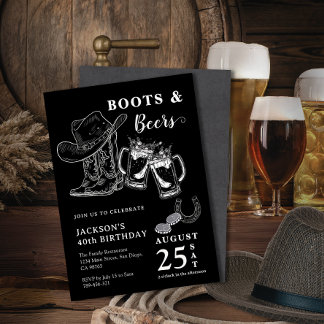 Rustic Hand Sketch Boots & Beers Any Age Birthday Invitation
