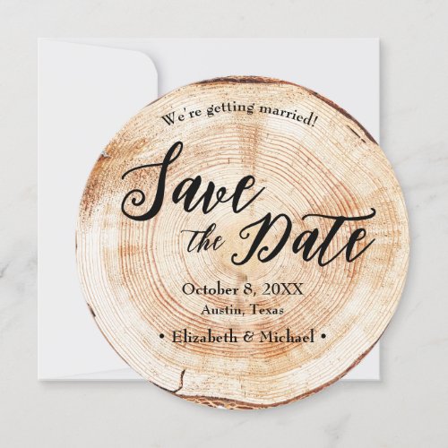 Rustic Handlettering Script Wood bark disc Photo Invitation
