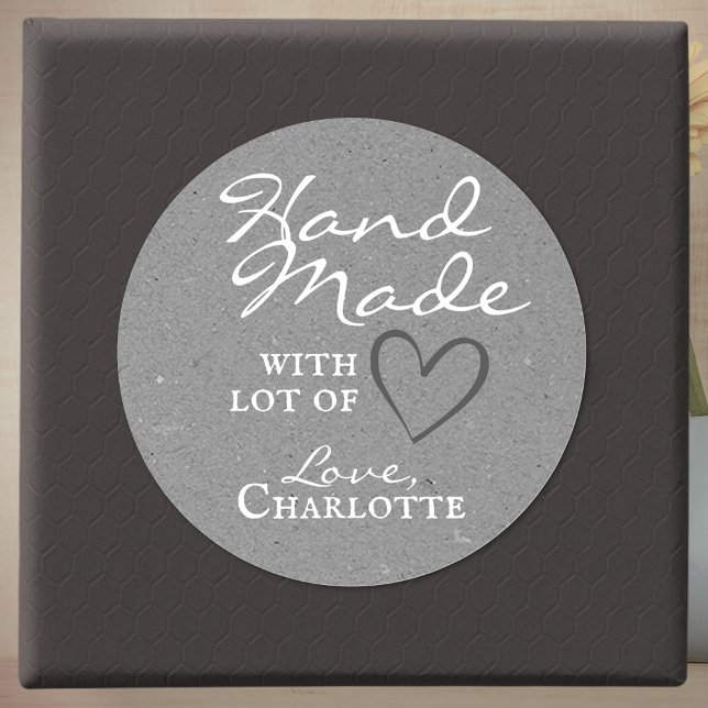 Rustic Handmade with Love Gray Heart Kraft Paper  Classic Round Sticker (Creator Uploaded)