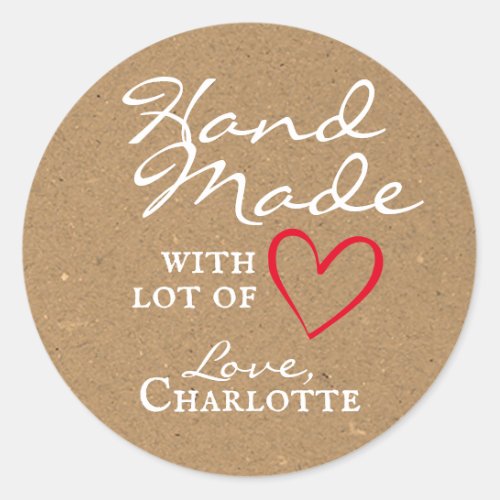 Rustic Handmade with Love Red Heart Kraft Paper Classic Round Sticker