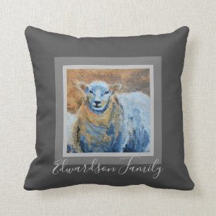 Rustic handpainted sheep farmhouse monogram name throw pillow