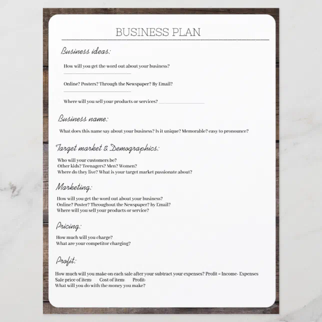 Rustic Handwriting Business Plan Sheet Page | Zazzle