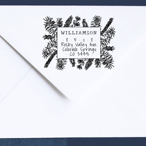 Rustic Handwriting Pine Needles Return Address Rubber Stamp