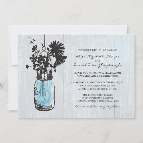 Rustic Hanging Blue Mason Jar Wedding Invites