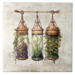 Rustic Hanging Herbs Grapes Watercolors Ceramic Tile