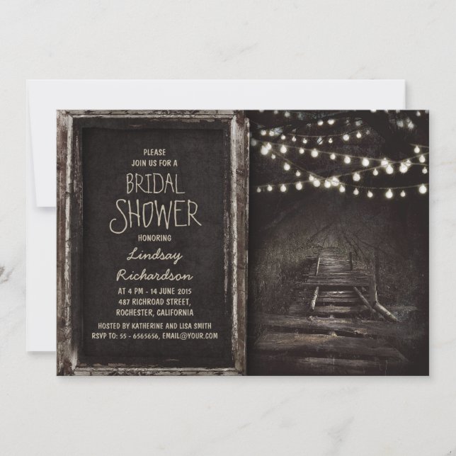 rustic hanging lights tree path bridal shower invitation (Front)