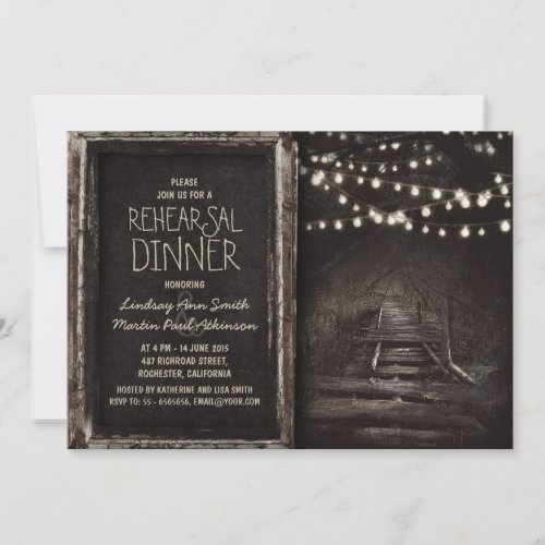 rustic hanging lights tree path rehearsal dinner invitation