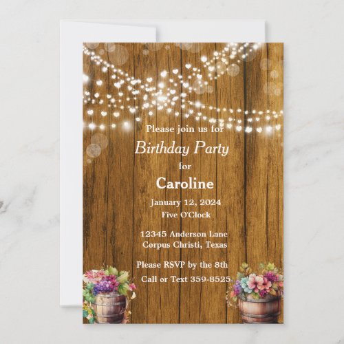 Rustic Hanging Lights Wine Barrels Birthday Party Invitation