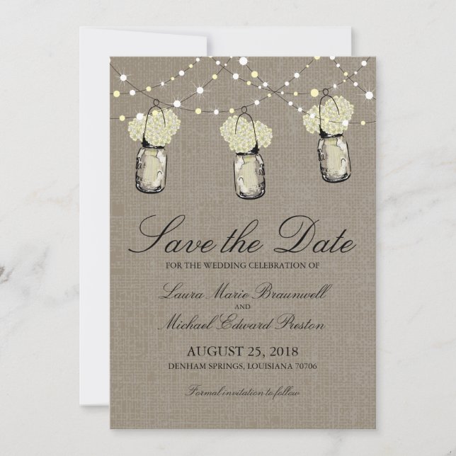 Rustic Hanging Mason Jar Hydrangea Save the Date (Front)