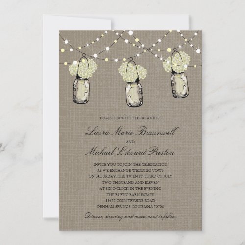 Rustic Hanging Mason Jar Hydrangea Wedding Invitation