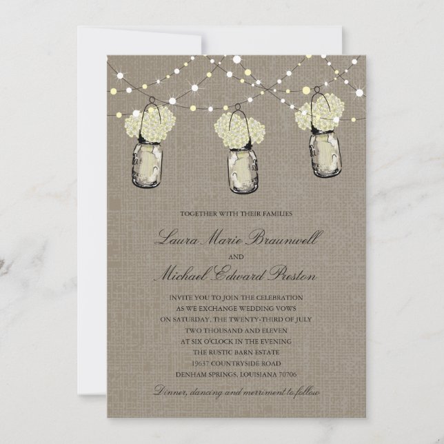 Rustic Hanging Mason Jar Hydrangea Wedding Invitation (Front)