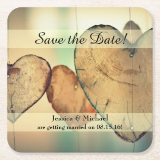 Rustic Hanging Wood Hearts Save the Date Square Paper Coaster