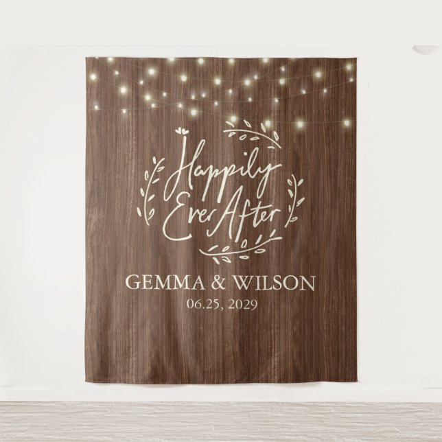 Rustic Happily Ever After String Lights Wedding  Tapestry (Front)