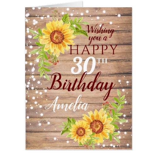 Rustic Happy 30th Birthday Floral Sunflower Big  Card