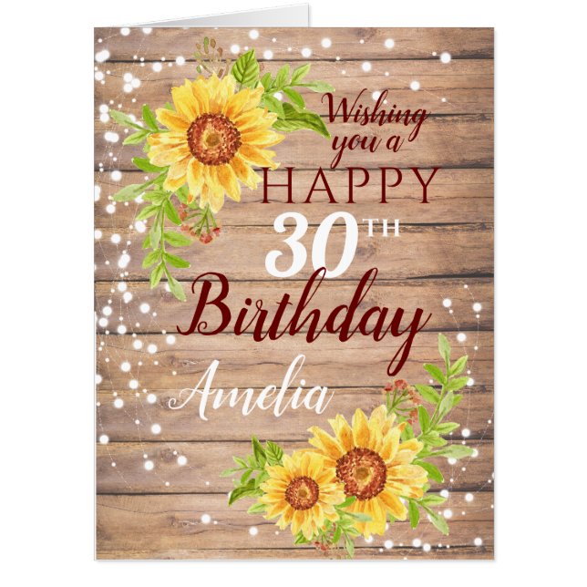Rustic Happy 30th Birthday Floral Sunflower Big  Card (Front)