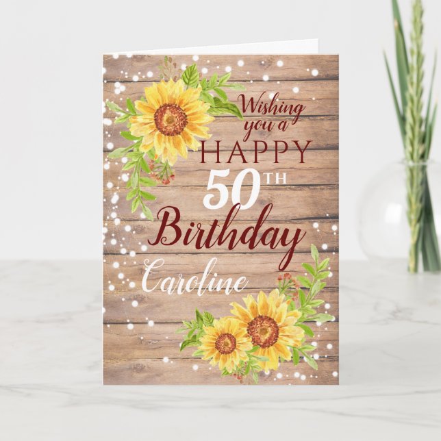 Rustic Happy 50th Birthday Floral Sunflower Card (Front)
