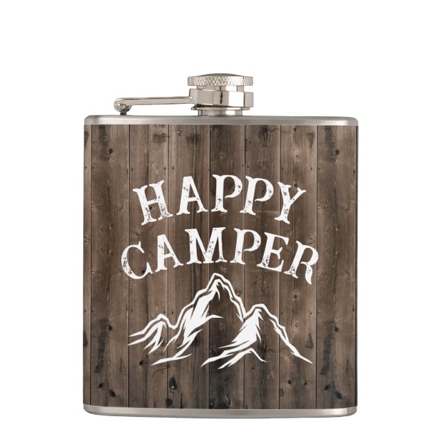 Rustic Happy Camper Adventure Camping Barn Wood Flask (Front)