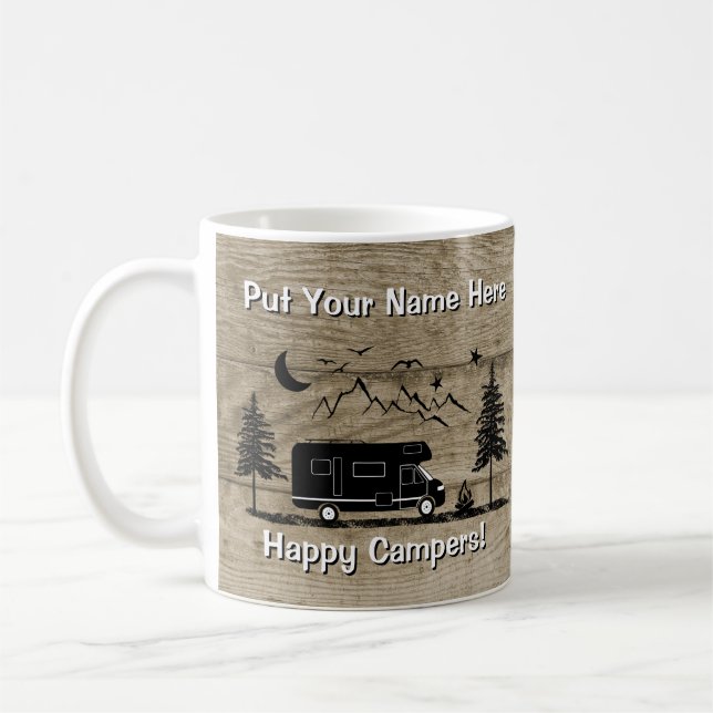 Rustic Happy Camper Class C RV Custom Coffee Mug (Left)