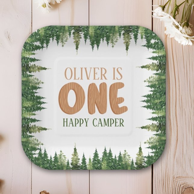 Rustic Happy Camper First Birthday Green Forest Paper Plates (Creator Uploaded)