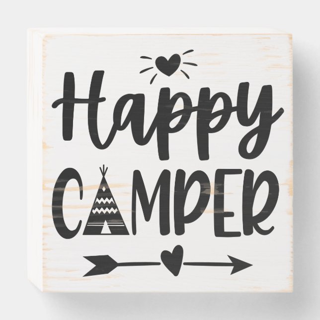 Rustic Happy Camper Hand Lettered Tribal Boho Wooden Box Sign (Front Horizontal)