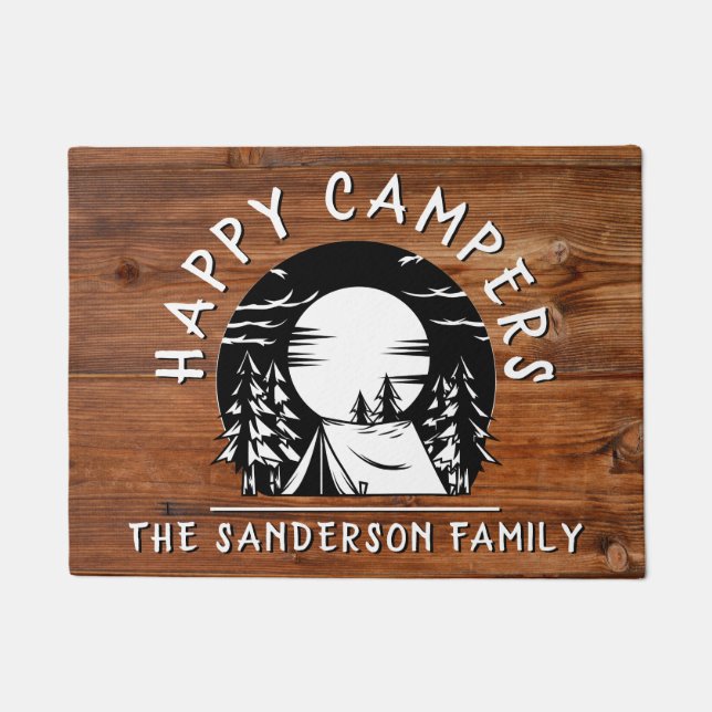 Rustic Happy Campers Family Name Tent Pine Trees Doormat (Front)