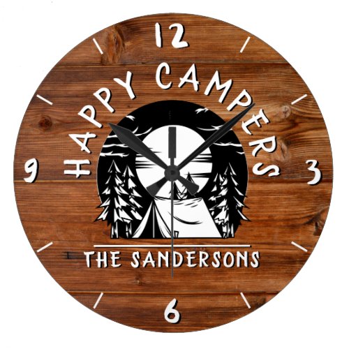 Rustic Happy Campers Tent Family Name Wood Design Large Clock