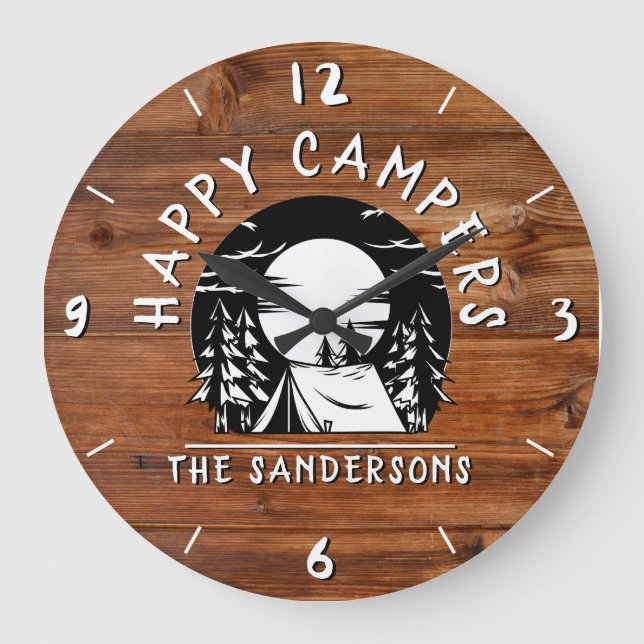 Rustic Happy Campers Tent Family Name Wood Design Large Clock (Front)