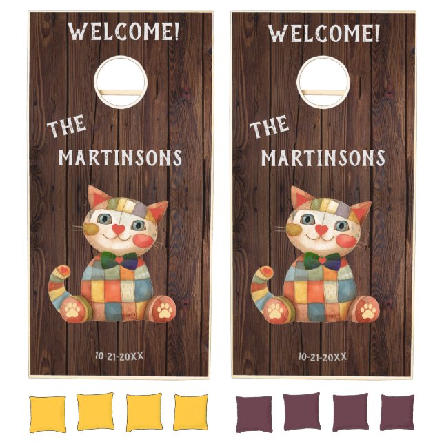 Rustic Happy Cat Family Name Date Cornhole Set (Set)