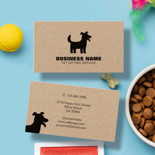 Rustic Happy Dog Silhouette Logo Pet Service Kraft Business Card