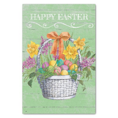 Rustic Happy Easter Basket of Flowers Eggs Tissue Paper