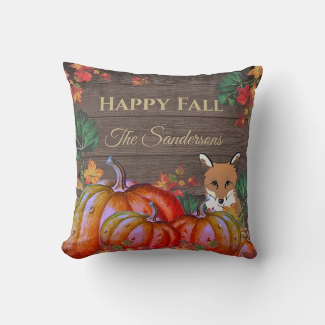 Rustic Happy Fall Orange Pumpkin Fall Fox Wood Thr Throw Pillow (Front)