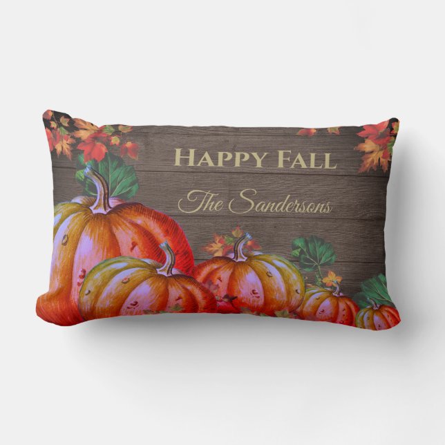 Rustic Happy Fall Orange Pumpkin Fall Leaves Wood  Lumbar Pillow (Front)