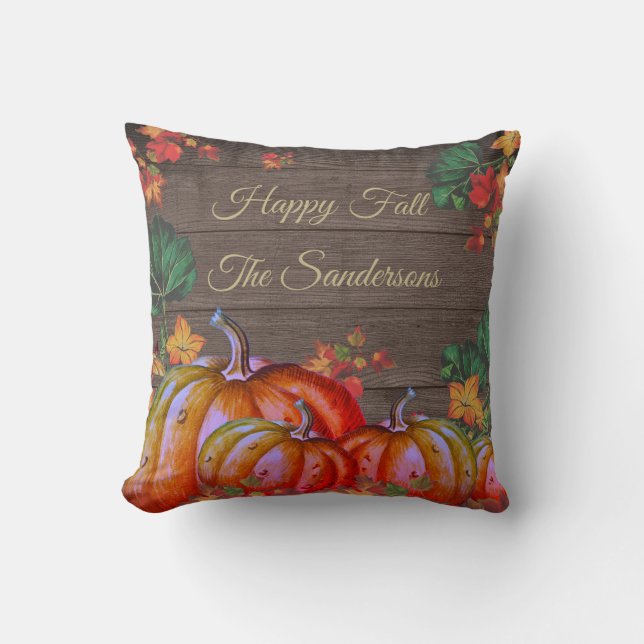 Rustic Happy Fall Orange Pumpkin Fall Leaves Wood Throw Pillow (Front)