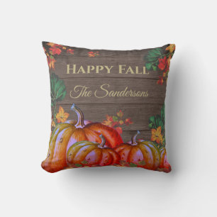 Rustic Happy Fall Orange Pumpkin Fall Leaves Wood Throw Pillow