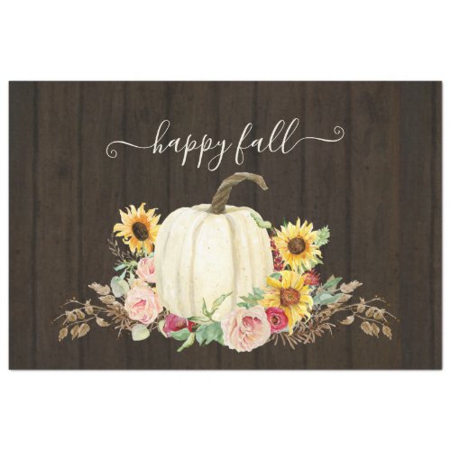 Rustic Happy Fall Sunflower Floral White Pumpkins Tissue Paper