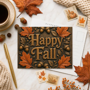 Rustic Happy Fall with Autumn Leaves and Acorns  Postcard