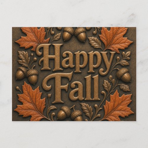 Rustic Happy Fall with Autumn Leaves and Acorns  Postcard